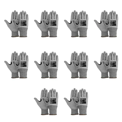 Gravitech Pack of 10 Pairs GI-HS-50R Cut Level 5 Resistant Gloves with PU Coating and Glass Fiber for Superior Grip and Protection