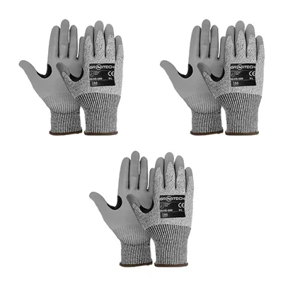 Gravitech Pack of 3 Pairs GI-HS-50R Cut Level 5 Resistant Gloves with PU Coating and Glass Fiber for Superior Grip and Protection