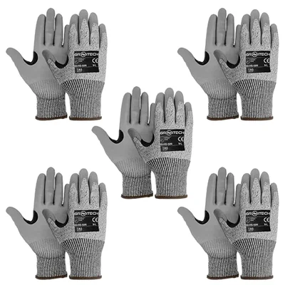 Gravitech Pack of 5 Pairs GI-HS-50R Cut Level 5 Resistant Gloves with PU Coating and Glass Fiber for Superior Grip and Protection