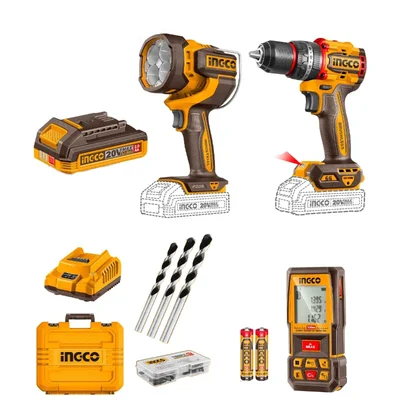 Ingco 20V 3-In-1 Cordless Impact Drill, Work Lamp & Laser Distance Detector Combo Kit With Battery-Charger, Drill Bits & Accessories (COSLI250885)