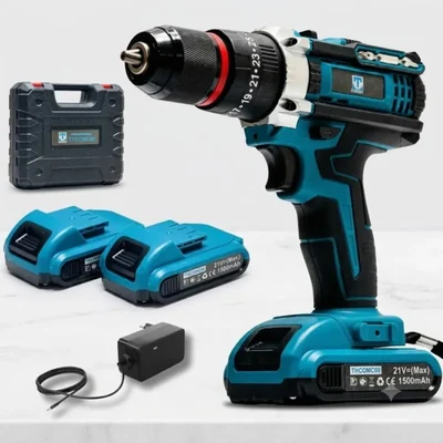 Heavy Duty 10mm 21V Cordless Metal Chuck 2-Speed Control Drill Machine With Battery & Charger, 0-350/0-1350 RPM