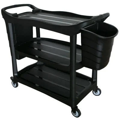 Multipurpose Three-Shelvs Black Utility Service Cart with Bucket