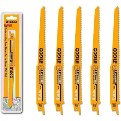Ingco 5 Pcs 225mm (9") Reciprocating Saw Blades For Cutting Wood With Nail (RSB1111DF)