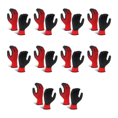 Heavy Duty Safety Gloves Pack of 10, 60, 300 Red Black Synthetic Latex Palm Coated, Cut-Resistant, Multipurpose, Washable(Pack-10 pcs)