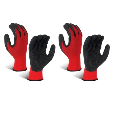 RPES Pair of 2 Heavy Duty Safety Gloves, Red Black Synthetic Latex Palm Coated, Cut-Resistant, Multipurpose, Washable