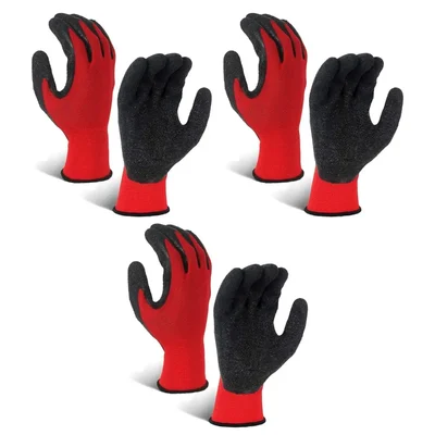 RPES Pair of 3 Heavy Duty Safety Gloves, Red Black Synthetic Latex Palm Coated, Cut-Resistant, Multipurpose, Washable
