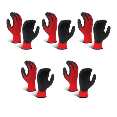 RPES Pair of 5 Heavy Duty Safety Gloves, Red Black Synthetic Latex Palm Coated, Cut-Resistant, Multipurpose, Washable