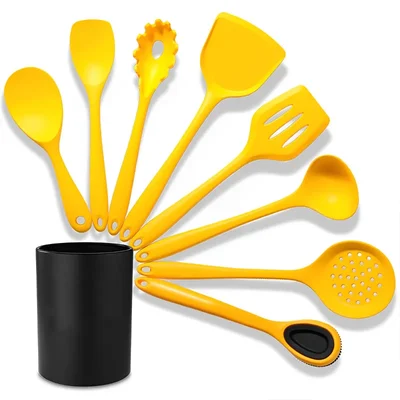 Heat Resistant Silicon 8 Pcs Kitchen Utensils Set with Storage Barrel