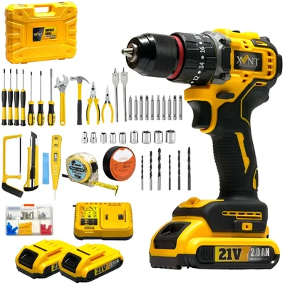 XLNT 10mm 21V BL Cordless Variable Speed Metal Chuck Drill Machine With Battery-Charger & Accessories Set, 0-2800 RPM (XTCIDK214)