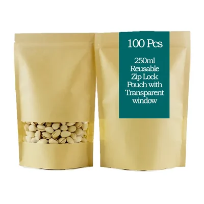 100 Pcs 250ml Multi-Purpose Reusable Zip Lock Stand Up Pouch with Rectangular Transparent Window