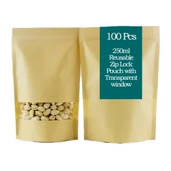 100 Pcs 250ml Multi-Purpose Reusable Zip Lock Stand Up Pouch with Rectangular Transparent Window 