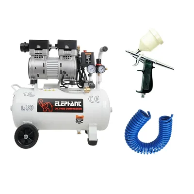 Elephant 1 HP 30L Oil Free Air Compressor (AC30DC) with 60ml Artmaster Air Brush (AC60) and PU Pipe & Fittings Combo - 6 Months Warranty
