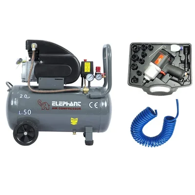 Elephant 2 HP 50L Air Compressor (AC50C) with 1/2 Inch Pneumatic Impact wrench (IW-02CM) and PU Pipe & Fittings Combo - 6 Months Warranty