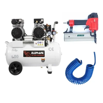 Elephant 2HP 50L Oil Free Double Head Air Compressor( AC50DC) with 18 Gauge Brad Nailer (F-50), PU Pipe & Fitting - 6 Months Warranty