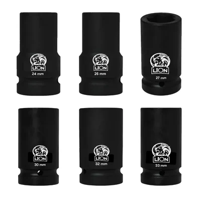 Lion 1 Inch Square Drive 24 mm, 26 mm, 27 mm, 30 mm, 32 mm, 33 mm Air Impact Sockets, 90 mm Long