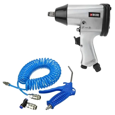 Akari 1/2 inch Rocking Dog Type Air Impact Wrench (AT-5040B) with Air Blow Gun, Nozzle and 10m Recoil Hose Combo.