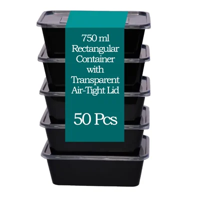 50 Pcs, 750 ml Rectangular Container with Transparent Air-Tight Lid