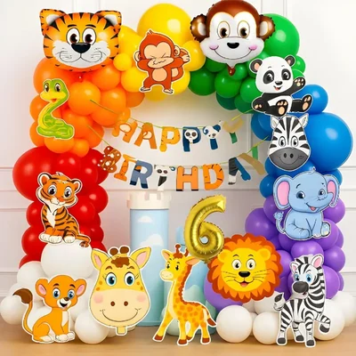 Pack of 5, Jungle Safari 6th Birthday Decor Combo with Animal Foils & Cardstock Wall Cutouts