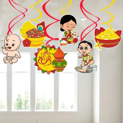 Pack of 3 Annaprasanam Rice Ceremony Hanging Swirls Decoration & Baby Photoshoot Props Set of 6 Pcs Paper Swirls with Cutouts Clips
