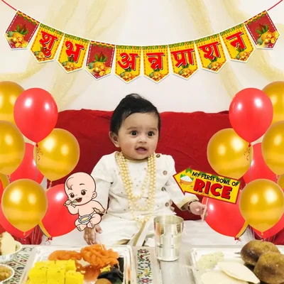 Pack of 3 Set of 16 Pcs Annaprasanam Photo Booth Props with 1 Rice Ceremony Paper Banner and 20 Balloons Annaprashan Decoration Item
