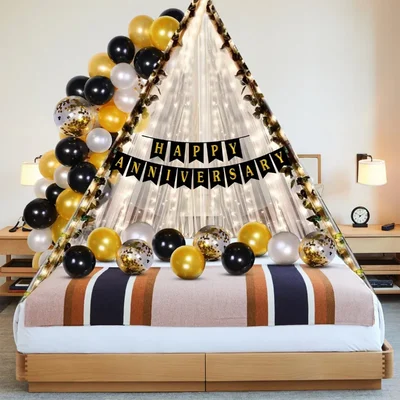 (Pack Of 3) | 37 Pcs Canopy Tent Decor Kit Anniversary Backdrop Set with Gold, Black and White Balloons