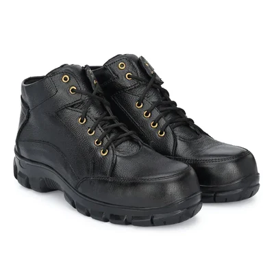 ArmaDuro High Ankle Rubber Sole Steel Toe Black Leather Safety Shoes (AD1021)(Size-6)