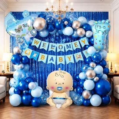 Pack of 4, 50 Pcs Baby Boy Welcome Decoration Kit | Blue Balloon Arch Garland Set with Welcome Baby Banner