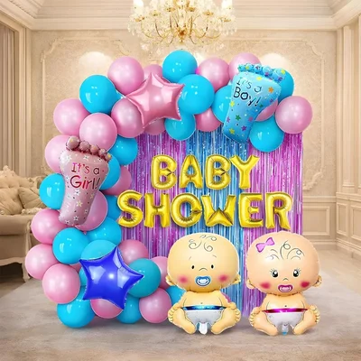 Pack of 4, 50 Pcs Baby Shower Decoration Set - Large Foil Curtains, Star Balloons, Blue & Pink Theme