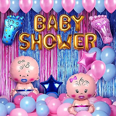 Pack of 4, 50 Pcs Baby Shower Combo Decorations Set for Maternity Photoshoot | Latex, Star Foil, Baby Foil Balloon & ...