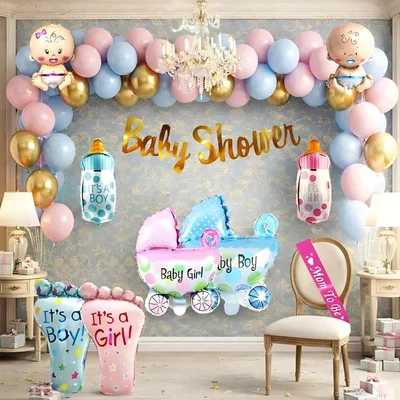 Pack of 3, 55 Pcs Baby Shower Party Decoration Kit with Pastel Balloons Pram Foil Arch Set