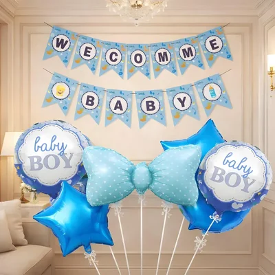 Pack of 5, Welcome Baby Boy Banner & Blue Star Foil Balloons Kit for Newborn Room Setup
