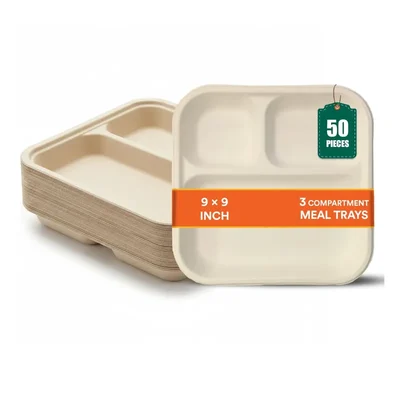 3 Compartment 9 Inch Bagasse Meal Tray || Sturdy, Compostable & Heat-Safe || Perfect for Parties, Events & Buffets(Pack-50 Pcs )