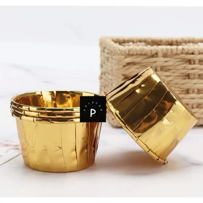 Pack of 100 POCHEON® Shiny Gold Little Cupcake Disposable Aluminium Foil Muffin Liners Baking Cups, Petite Tip Pan(Size-Small)