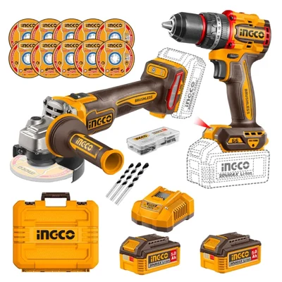 Ingco 2-In-1 20V Cordless 100mm Angle Grinder & 13mm Impact Drill Combo With Battery, Charger, Drill Bits, Cutting Disc & Accessories (CKLI2025610)