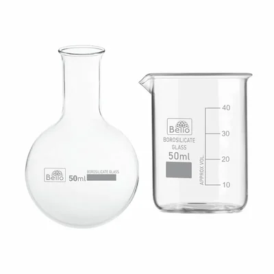 Bello Combo of Borosilicate 3.3 Glass Measuring Beaker 50ml & Round Bottom Boiling Flask 50ml for Laboratory