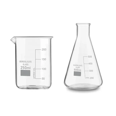 SBT 2pcs Borosilicate 3.3 Glass 250 ml Beaker and 500 ml Conical Flask with Graduation Marks