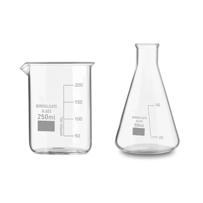 SBT 2pcs Borosilicate 3.3 Glass 250 ml Beaker and 50 ml Conical Flask with Graduation Marks