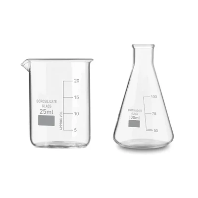 SBT Borosilicate 3.3 Glass Combo of 25ml Beaker and 100ml Conical Flask with Graduation Marks, Set of 2