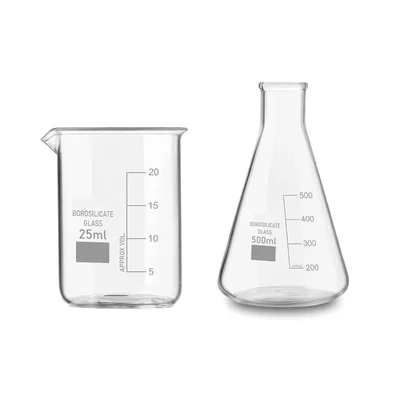 SBT Set of 2 Borosilicate 3.3 Glass 25ml Beaker and 500ml Conical Flask with Graduation Marks