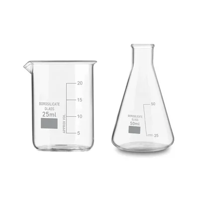 SBT Set of 2 Borosilicate 3.3 Glass 25ml Beaker and 50ml Conical Flask with Graduation Marks