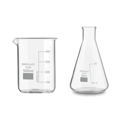 SBT 2pcs Borosilicate 3.3 Glass 500 ml Beaker and 25 ml Conical Flask with Graduation Marks