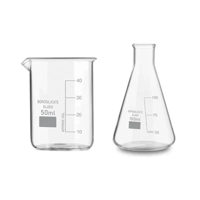 SBT Combo of Borosilicate 3.3 Glass 50 ml Beaker and 100 ml Conical Flask with Graduation Marks