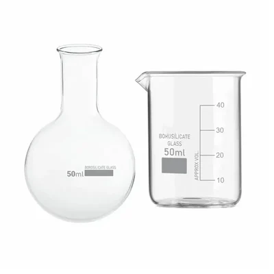 SBT Combo of Borosilicate 3.3 Glass Measuring Beaker 50ml & Round Bottom Boiling Flask 50ml for Laboratory