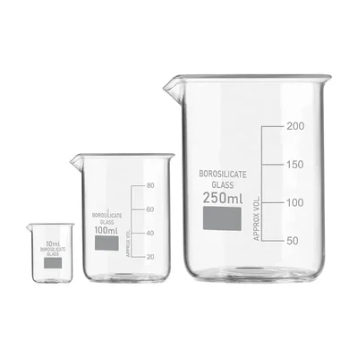 SBT Set of 3 Beaker 10ml, 100ml, 250ml with Graduation Marks, Borosilicate 3.3 Glass for Laboratory