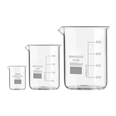 SBT Set of 3 Beaker 10ml, 250ml, 1000ml with Graduation Marks, Borosilicate 3.3 Glass for Laboratory