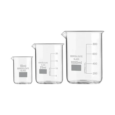 SBT Set of 3 Beaker 10ml, 25ml, 1000ml with Graduation Marks, Borosilicate 3.3 Glass for Laboratory