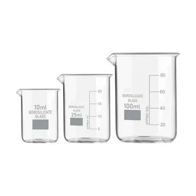 SBT Set of 3 Beaker 10ml, 25ml, 100ml with Graduation Marks, Borosilicate 3.3 Glass for Laboratory