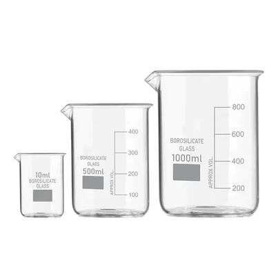 SBT Set of 3 Beaker 10ml, 500ml, 1000ml with Graduation Marks, Borosilicate 3.3 Glass for Laboratory
