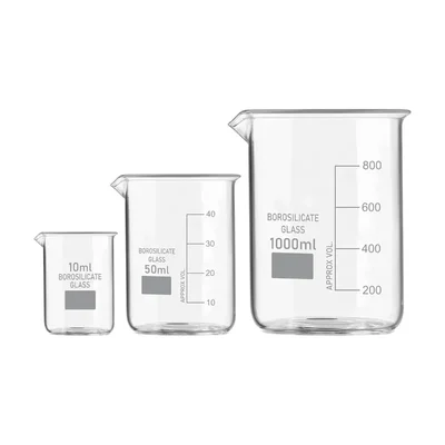 SBT Set of 3 Beaker 10ml, 50ml, 1000ml with Graduation Marks, Borosilicate 3.3 Glass for Laboratory