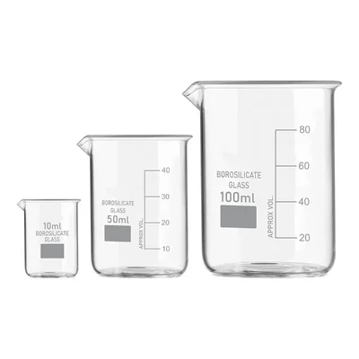 SBT Set of 3 Beaker 10ml, 50ml, 100ml with Graduation Marks, Borosilicate 3.3 Glass for Laboratory